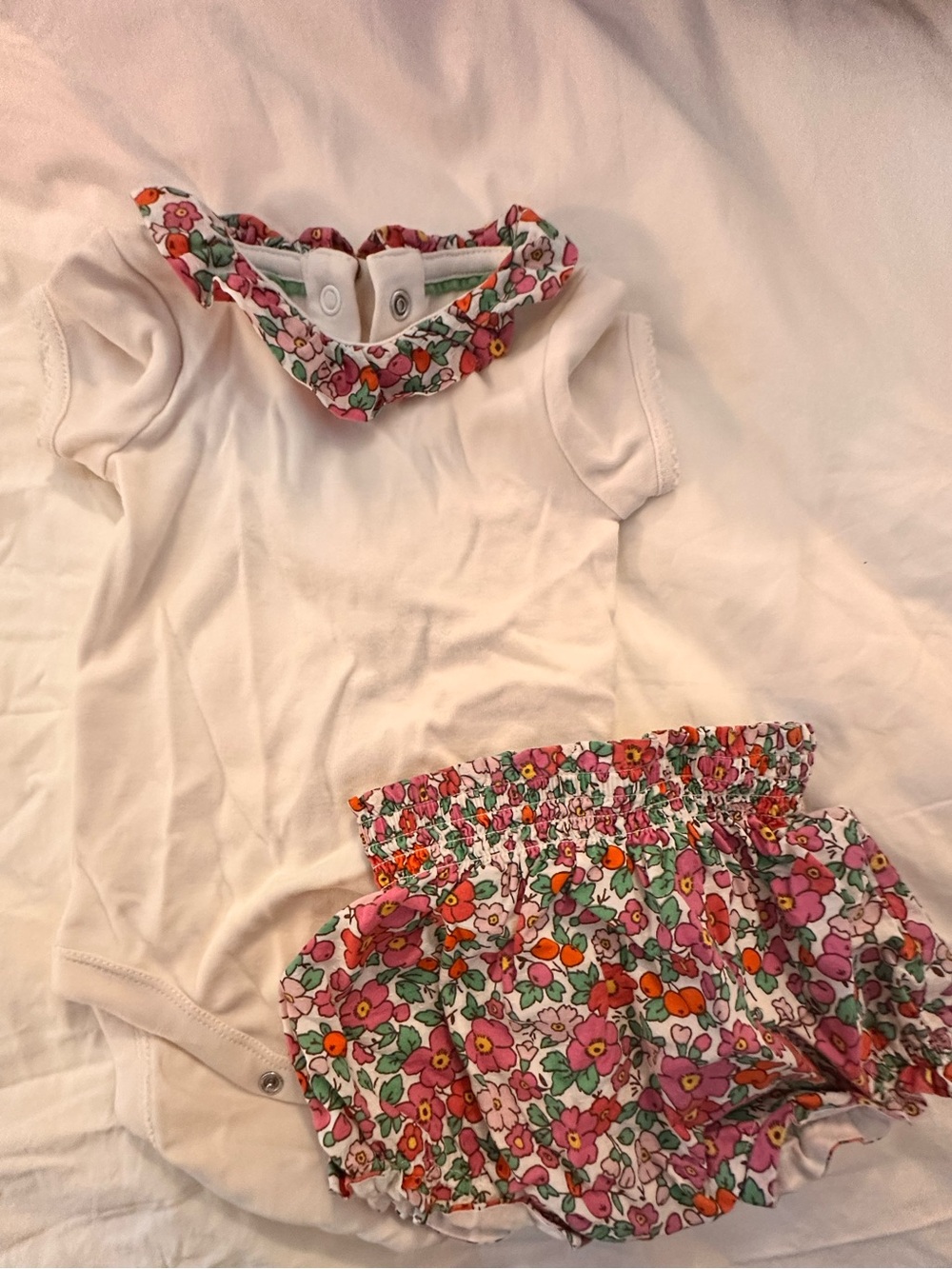 Boden White Onesie with Pink & red Floral Bloomers